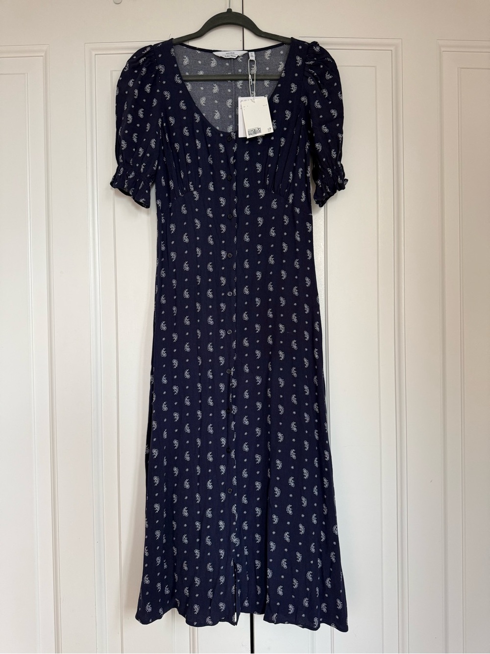 Navy Paisley Midi Dress with Puff Sleeves